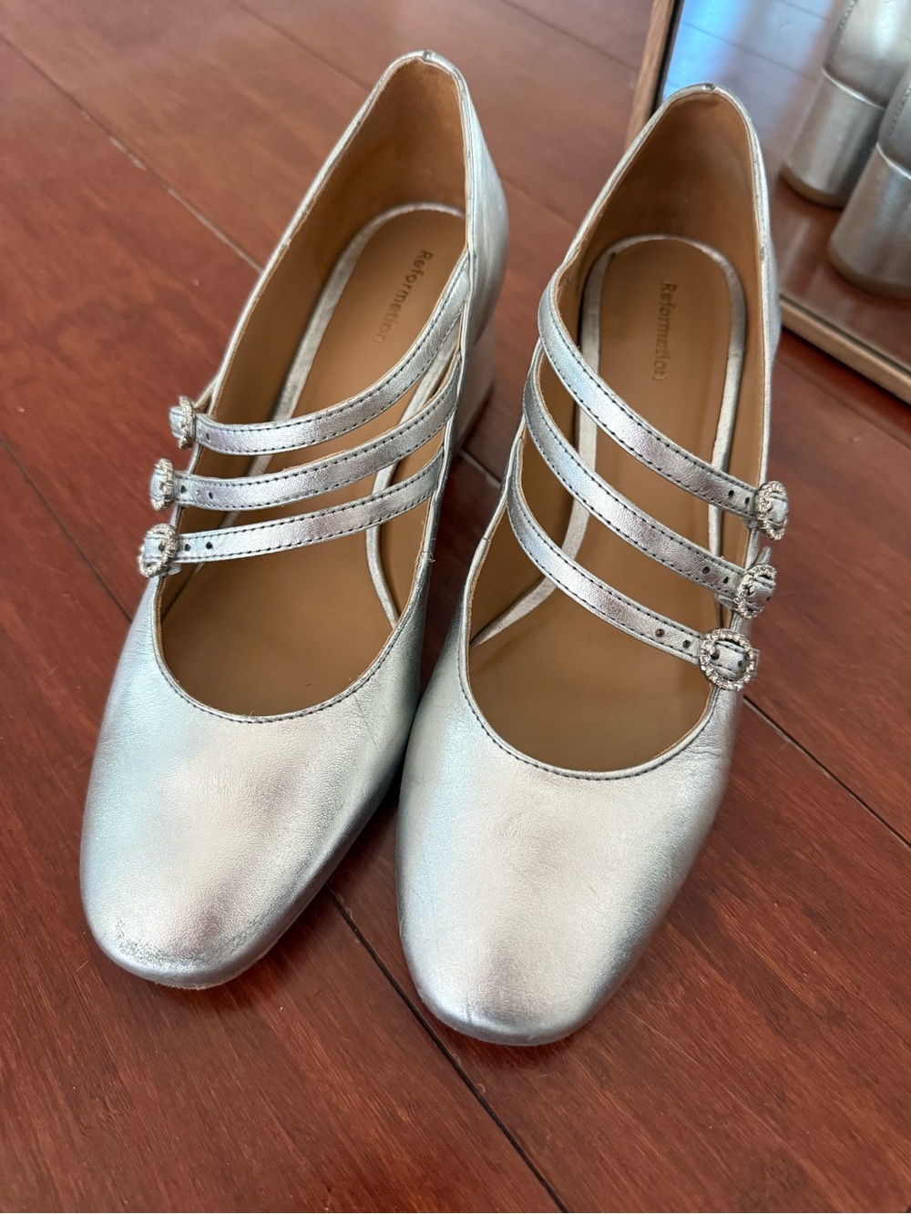 Reformation Silver Triple-Strap Mary Jane